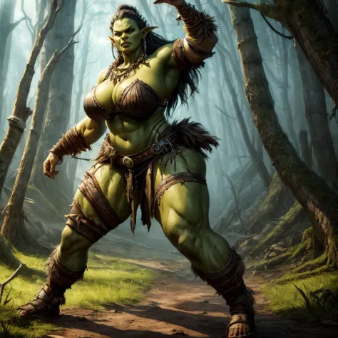 Young orc woman (big fangs), female orc, (green skin) , fearsome, dirty skin and hair, dirty linen and leather clothes, big saggy breasts, skin imperfections, skin dentation, bone jewelry, forest background, natural lighting, tribal tattoos, muscular, big ...