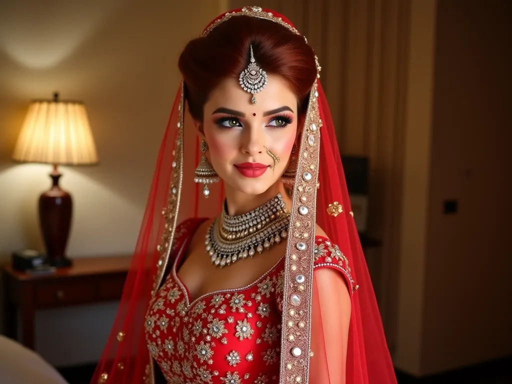 An elegant and charming girl model plus side figures with Cherry red hair bun hairstyle in Indian bridal lehenga full view with diamond jewellers cover her head in the room of the hotel decorated  with flowers in heel sandals with elegant eye lens