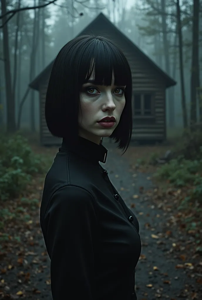 A woman in front of an abandoned cabin in the middle of the forest at night, in an extremely dark and obscure place like the setting of a horror movie, she has short, straight black hair at shoulder length with bangs, she wears glasses, her skin is fair an...