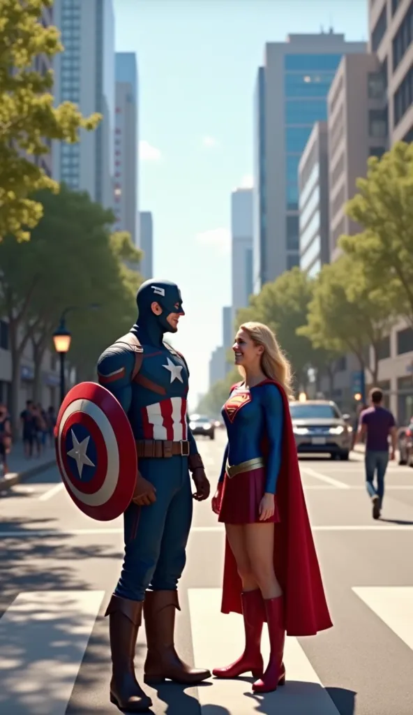 A realistic 3D scene set on a busy town road during daylight. Captain America and Supergirl stand together near the camera, both smiling joyfully as they say something. Captain America’s stance is strong and confident, while Supergirl stands beside him wit...