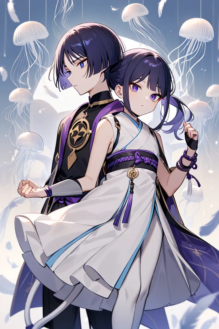 Scaramouche, boy with beautiful appearance and slender figure with fair skin, with short indigo hair that reaches their ears (corte jellyfish), sharp indigo eyes with red eyeliner, Wear Japanese clothes. He's holding Lumine's hand., Beautiful girl with med...