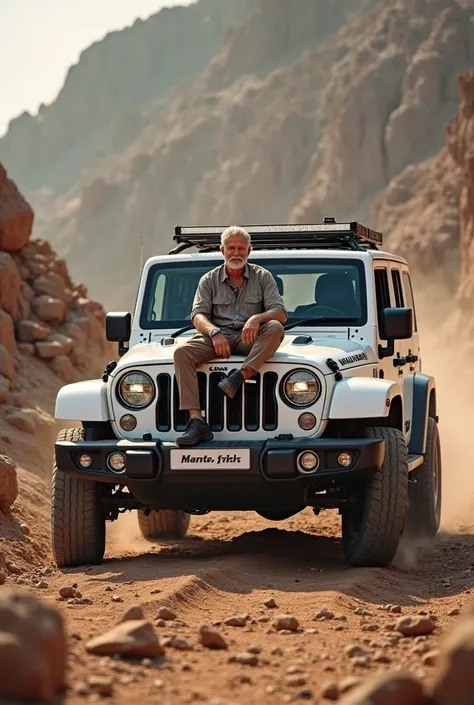 A man  on sitting on ballnut Mahindra thar roxx of white colour on off road 
