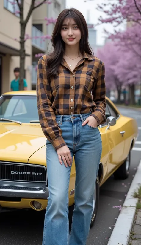 "A 22-year-old young woman with long, slightly wavy black hair. She is wearing a brown plaid shirt, loose-fitting blue jeans with frayed, ripped hems, and a pair of casual sneakers. She poses professionally like a model, exuding confidence and charisma in ...