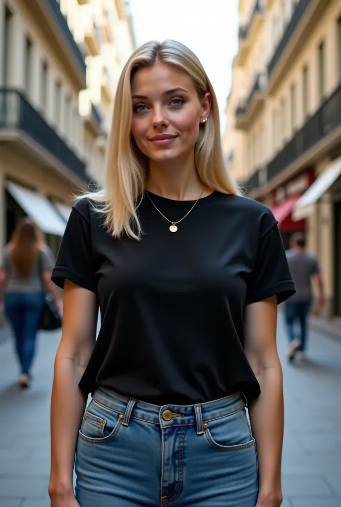 A beautiful busty blonde straight-haired blue eyed woman resembling like a French cinema actress, 21 years old, wearing black t-shirt, and denim trousers, having humongous and enormous tits, highlighting her curves, chubby face, smiling, stand up through t...