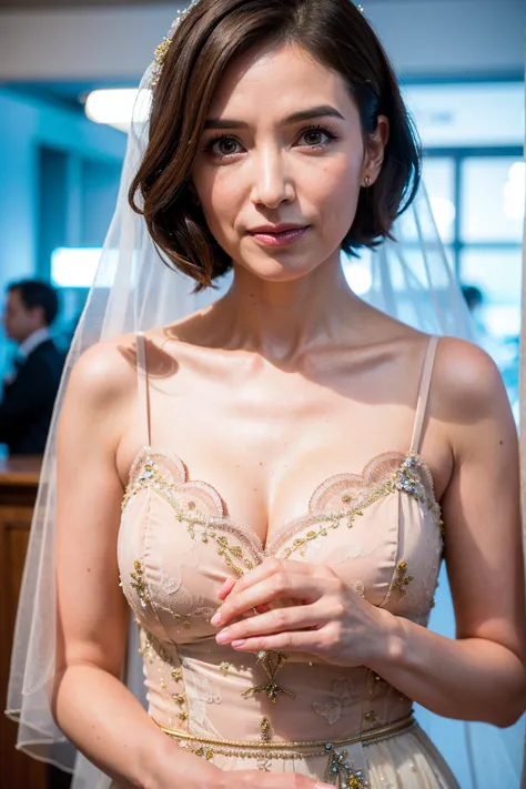 Masterpiece, Best Quality, A middle-aged short-hair woman, decorative wedding dress, standing, in cafe, (((full body))),  daylight, veil