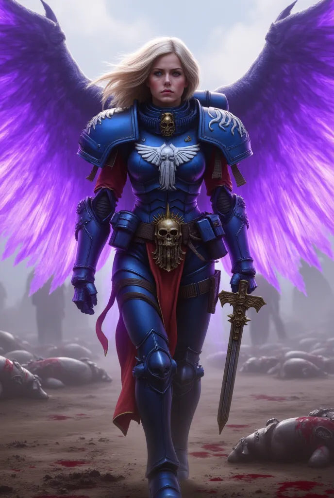 "A young woman with facial features closely resembling a young Sigourney Weaver, standing about 5'11" tall with a strong and determined expression. She wears an incomplete Space Marine armor in vivid electric blue with white trim, exposing her abdomen. A w...