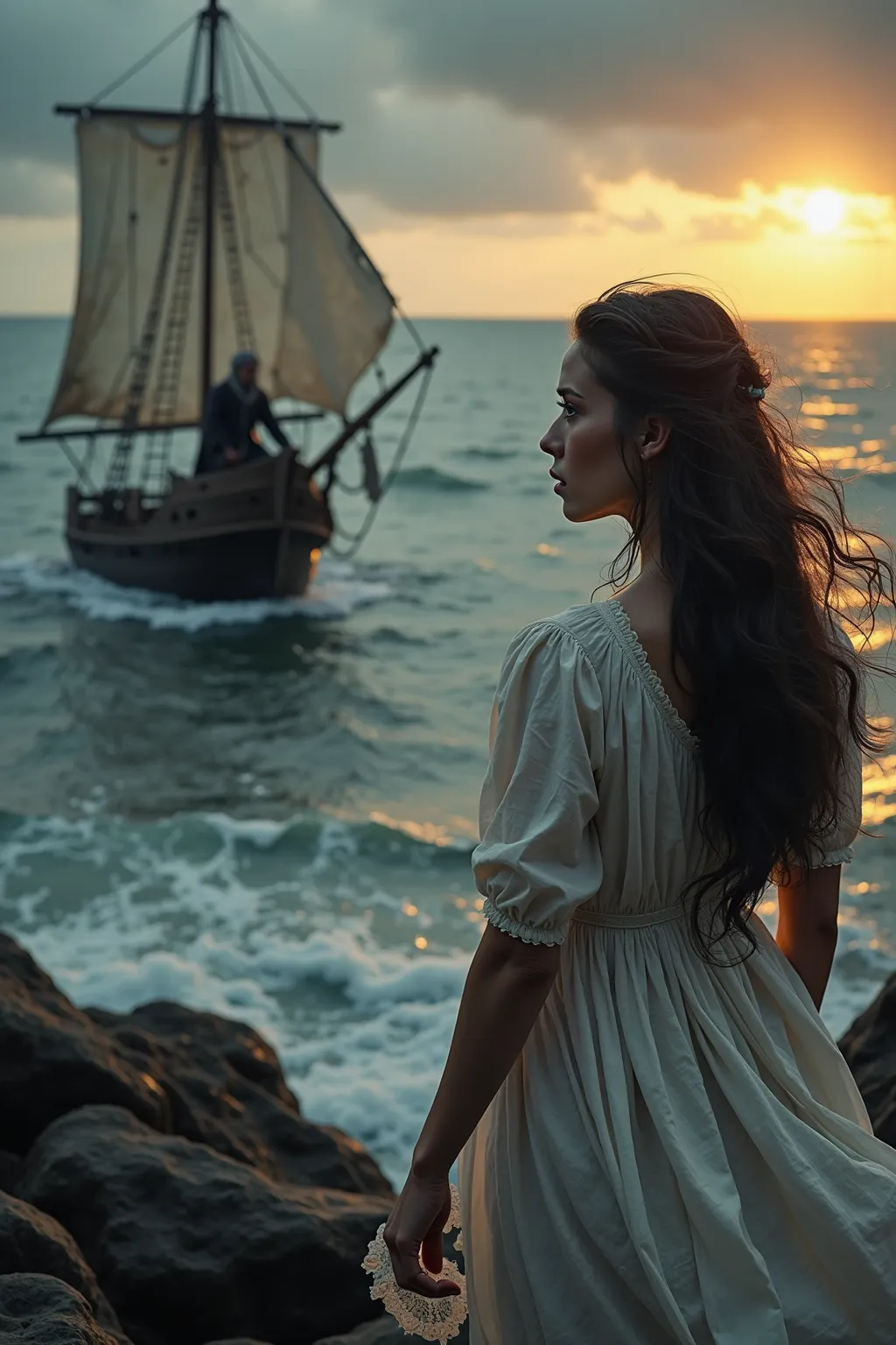 A photorealistic scene set on a windswept seashore at twilight, capturing the melancholic romance of a pirate tale. In the foreground, a woman with long, dark, windblown hair stands on a rocky cliff overlooking the sea, her weathered white dress fluttering...