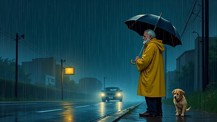 An old man with a puppy was waiting at the bus stop in the evening, the  was wearing a bright yellow raincoat and holding a large folded umbrella, they were alone at the bus stop, the weather was pouring rain. The dark night, rain and fireflies accompanied...