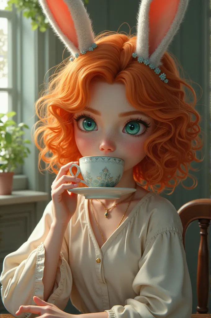 A slim girl of medium height with colored eyes drinking tea with orange curly hair bunny ears