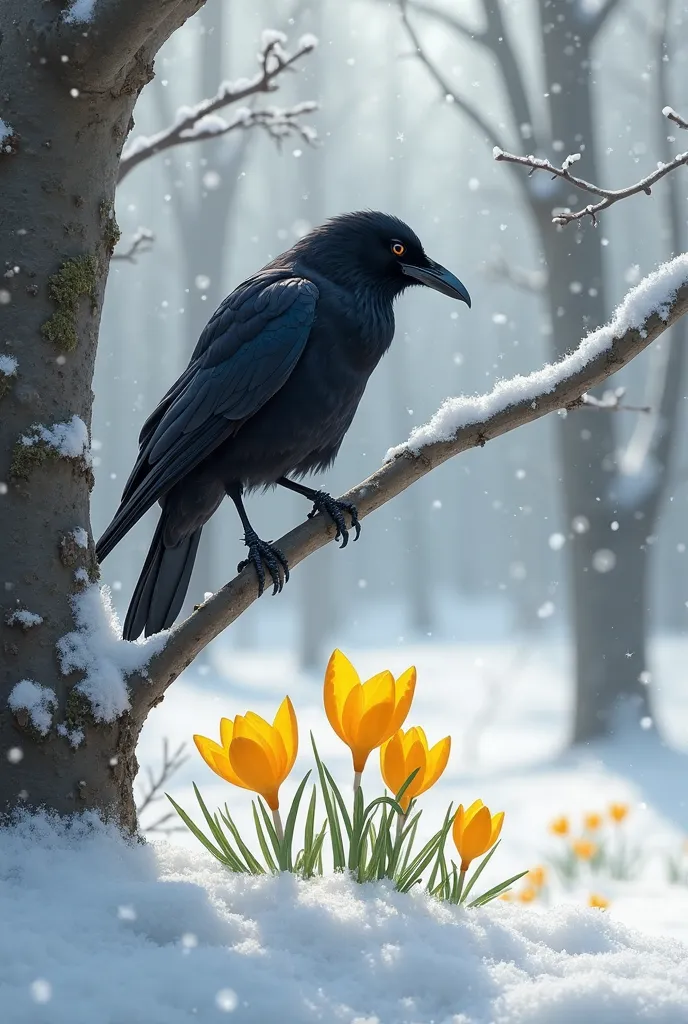 The crow is silite on a tree branch in winter Below, you can see yellow crocus flowers from the snow. The crow looks at them in surprise