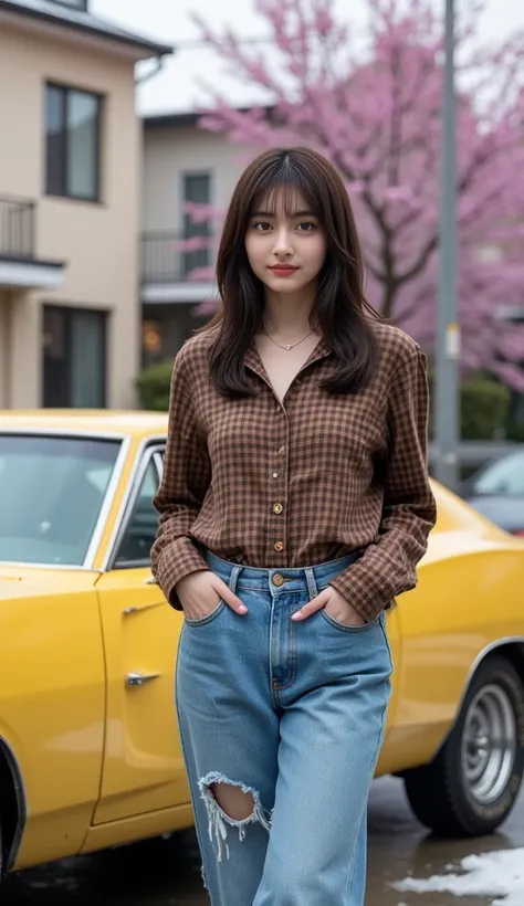 "A 22-year-old young woman with long, slightly wavy black hair. She is wearing a brown plaid shirt, loose-fitting blue jeans with frayed, ripped hems, and a pair of casual sneakers. She poses professionally like a model, exuding confidence and charisma in ...