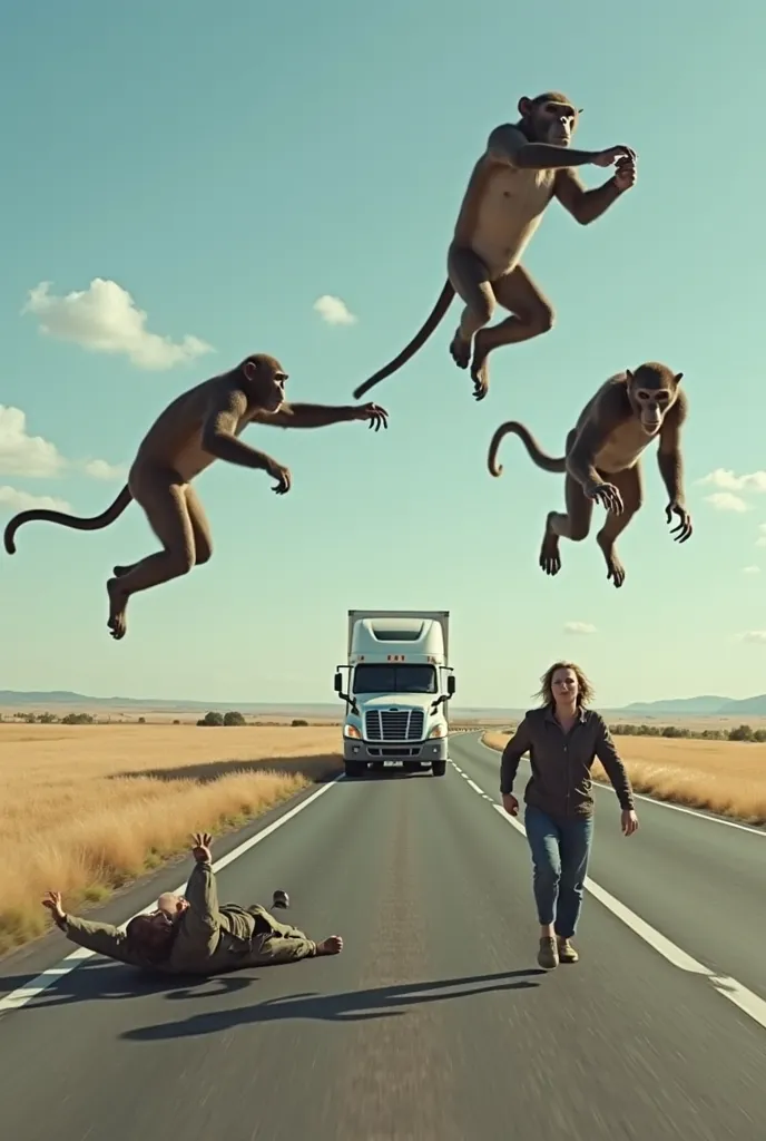 This image is a surreal and dramatic digital artwork featuring a group of monkeys attacking or ambushing three humans on a highway. The monkeys are mid-air, leaping towards the people, who appear startled and in distress. One person is on the ground, seemi...