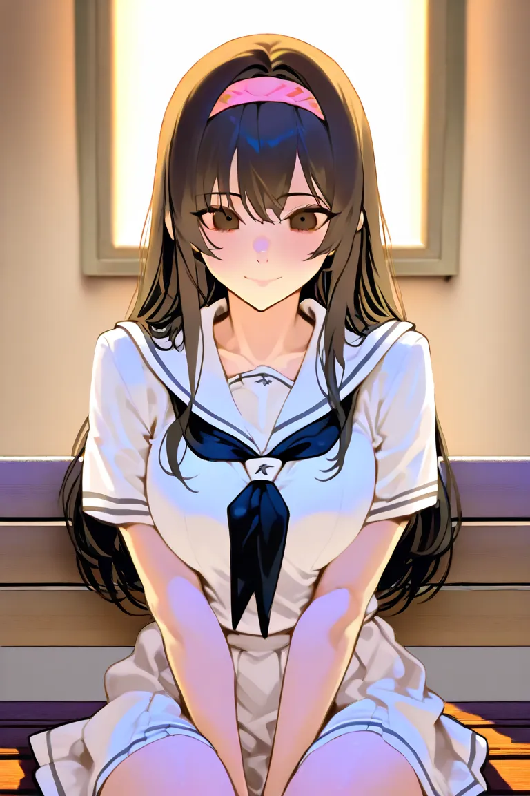 Girl solo, brown eyes, black hair, very long hair, school background, bench background, school uniform, white school uniform, shy smile, headband, sitting