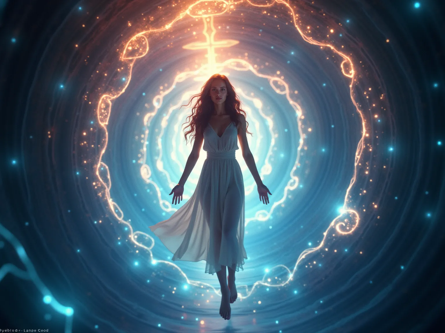 A celestial European woman floats within a radiant tunnel of flowing light, surrounded by intricate holographic symbols that shift and glow around her. The tunnel pulses with energy, its iridescent hues shifting between deep blues, violets, and golds. She ...