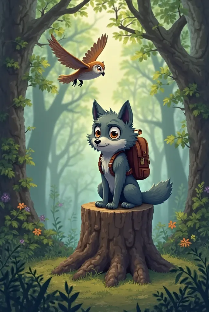 cartoon wolf small with backpack on shoulders sitting on a stump in the forest ,sad and an owl flies over him