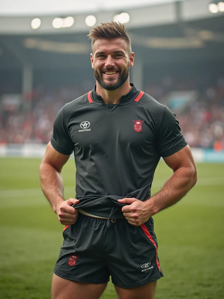 Full body portrait of a 19 year old rugby player, stocky but without defined muscles, he is wearing tight rugby pants and the shirt in his hand, has a few days' beard, body full of hair, he is on the rugby field looking at the camera with a friendly and mi...