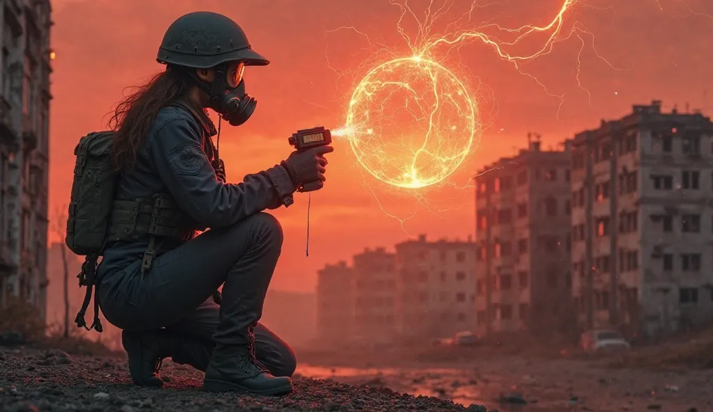 A militarized girl in black military clothes wearing a bulletproof vest wearing a special forces helmet, behind his back, holds an electric detector in his hands.  The girl is wearing a gas mask , the girl leans one knee and points the detector in her arms...