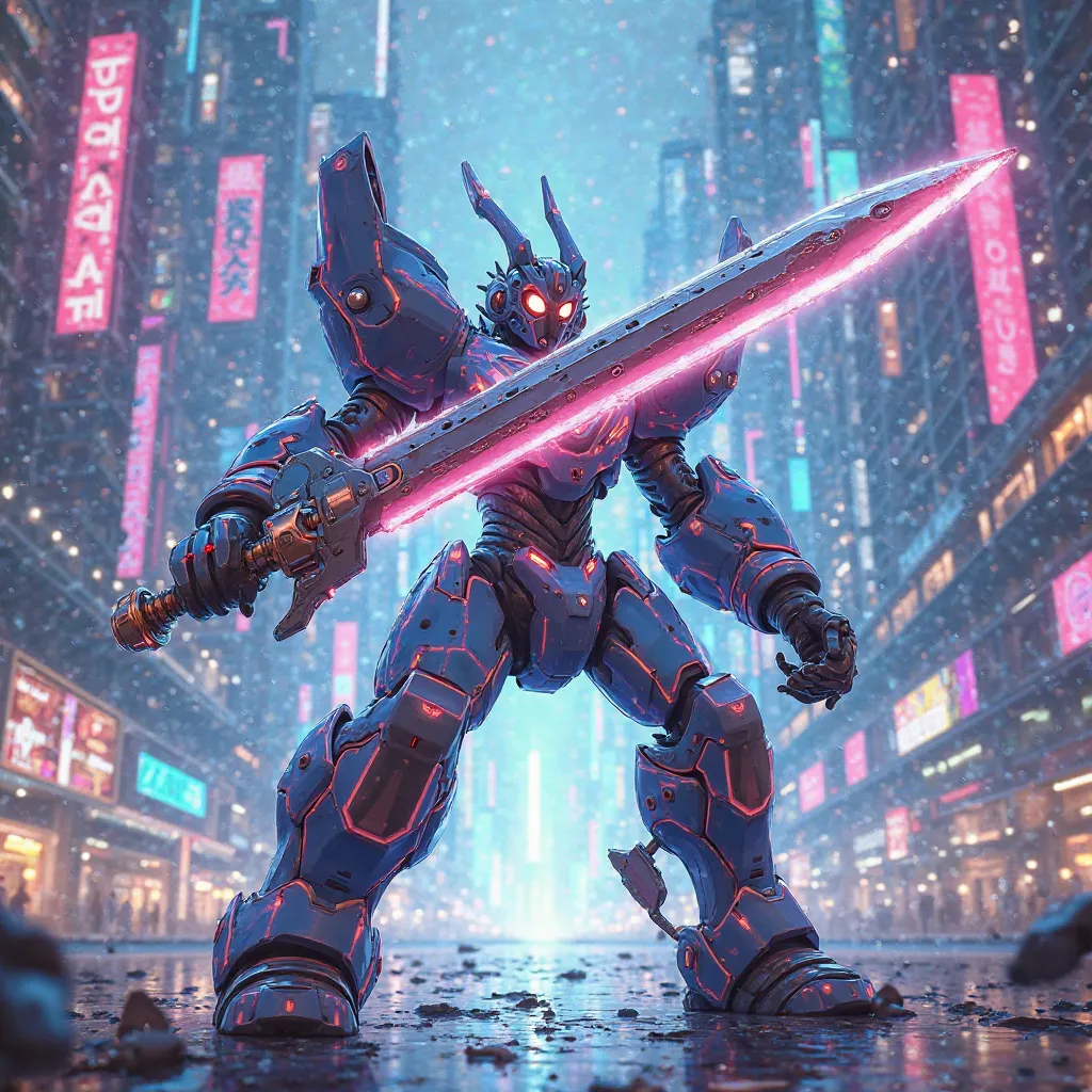  medarot, Medabot, digimon, com uma sword grande, Cartoon, design , sword, city, 