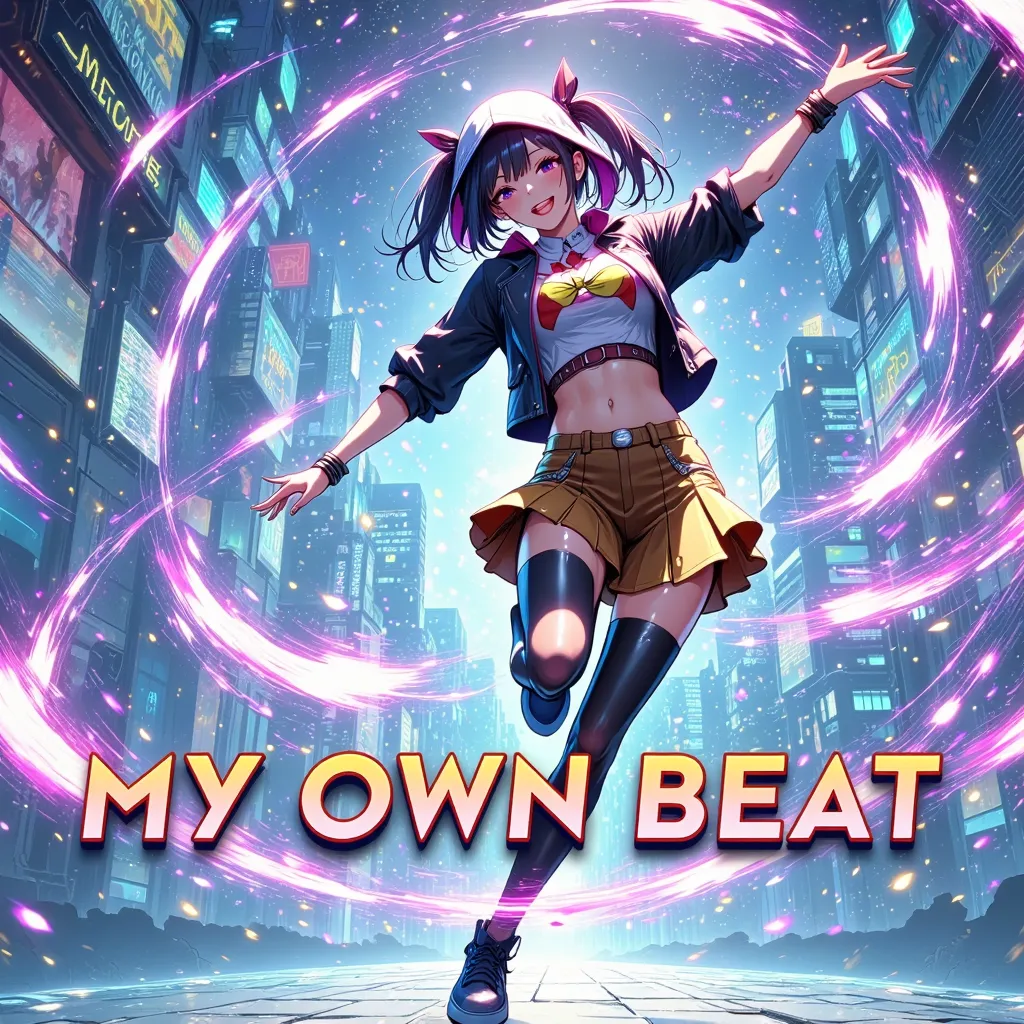 Anime-style illustration of a dancer mid-motion, surrounded by swirling lights and music notes glowing around them like energy waves. Their expression is pure joy and confidence, with every movement radiating power and individuality. The background is a st...