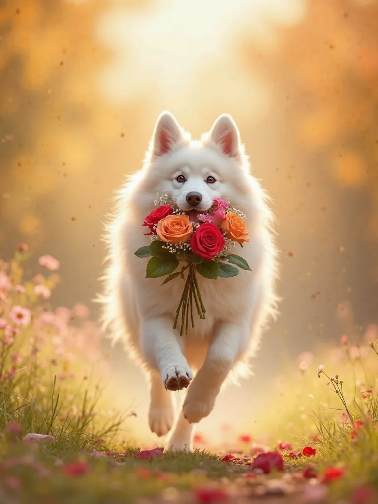 A white Samoyed dog is running holding a bouquet of congratulatory roses