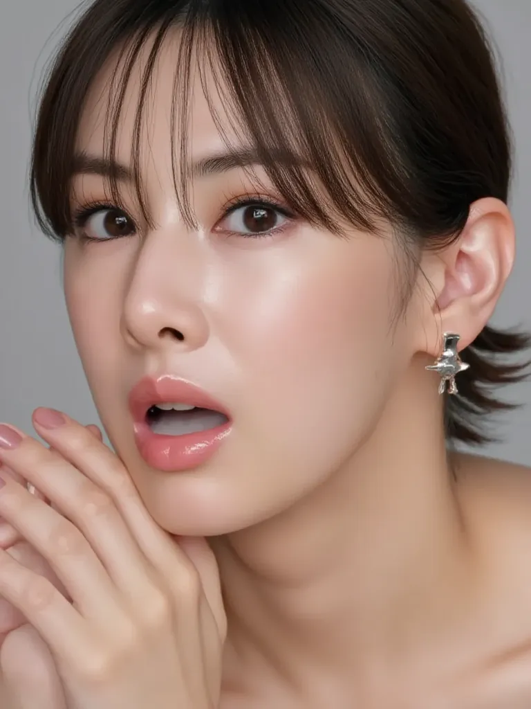 High resolution images of young Japanese women, photorealistic,  masterpiece, great quality,  intricate details without hiding the body ,  professional lighting, alone, 1 girl , detailed faces, 魅惑的な顔, ( white semen in the mouth ,  open your mouth :1.4),   ...