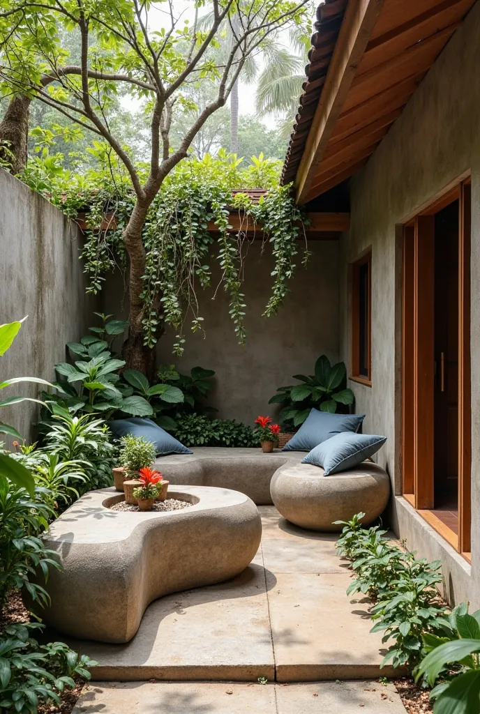 concrete pots with seating inside kerala residence