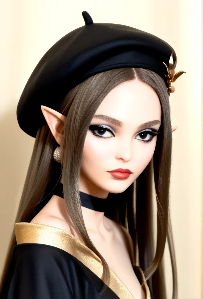 Create an elaborate illustration of a petite, European, elf-like female character with regal features. (model pose), (photoshoot). (oval-shaped face), (small eyebrows), (expressive almond-shaped eyes), (dark eyeliner), (long bold eyelashes), (glossy red li...