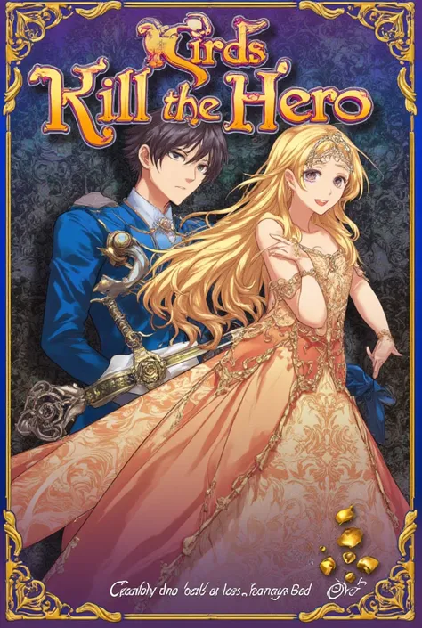 An otome book cover of a beautiful 17-year-old rainasances asian princess with blond hair beautiful blue eyes (she is a Korean villainess) ahe is wearing extravagant ball gown decorated with diamonds and beautiful gloves and beside her is a 18 years old du...