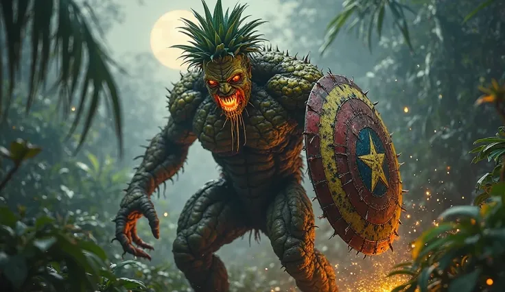 A horrifying hybrid creature stands menacingly in the jungle, a monstrous fusion of Captain America and a pineapple. Its muscular body retains the heroic build of a super soldier, but patches of its skin are replaced by the rough, spiky texture of a pineap...