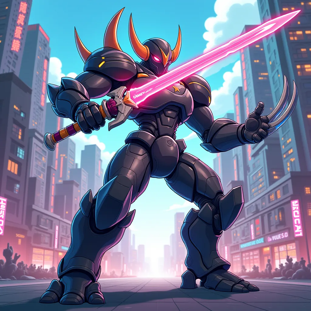  medarot, Medabot, digimon, With Wolverine claws, Cartoon, design , sword, city, 