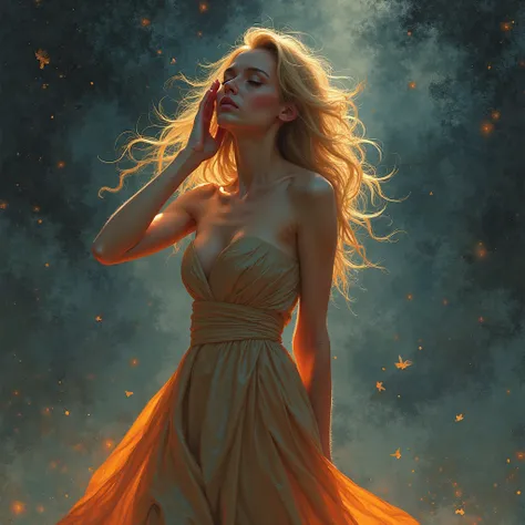 a woman in a dress stands with her hand on her face and eyes closed, space art, charlie bowater rich deep colors, artwork in the style of guweiz, exquisite digital illustration, style of charlie bowater, beautiful fantasy art portrait