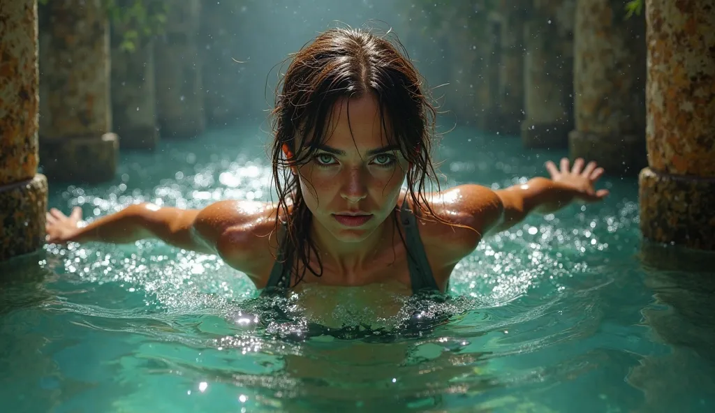 A hyper-realistic cinematic image of Lara Croft swimming forward in an ancient submerged ruin. Her arms are spread wide as she glides through the crystal-clear water, her piercing green eyes locked onto the viewer with intense focus. Her wet, tousled brown...