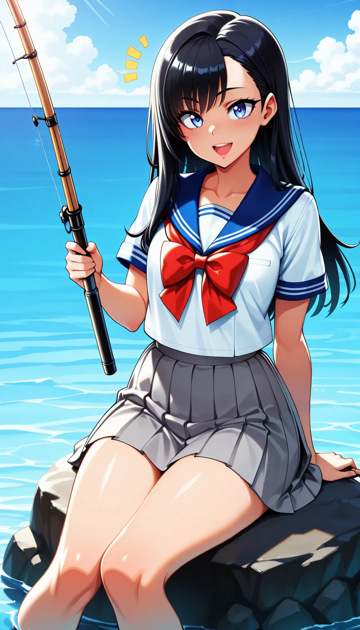 1 young woman :1.2, (Sea fishingを楽しむ女子校生), ( excited expression ),  black hair, long hair, stupid hair,  asymmetrical hair,  beautiful eyes, beautiful lips, very detailed目と顔, long lashes, (sailor suit, gray pleated skirt, perfect face, perfect hand, perfec...