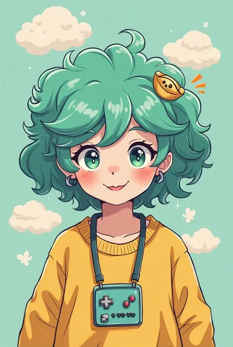 hairstyle：fluffy curly hair+dyed mint green（A sense of vitality）

 Emoji：单眼Wink+Huya smile（dynamic appeal）

apparel：sweater neckline reveals pixel-style game console lanyard（fun egg）
visual symbol

Cartoon clouds floating above the head（拟人化笑脸 Emoji）

orang...