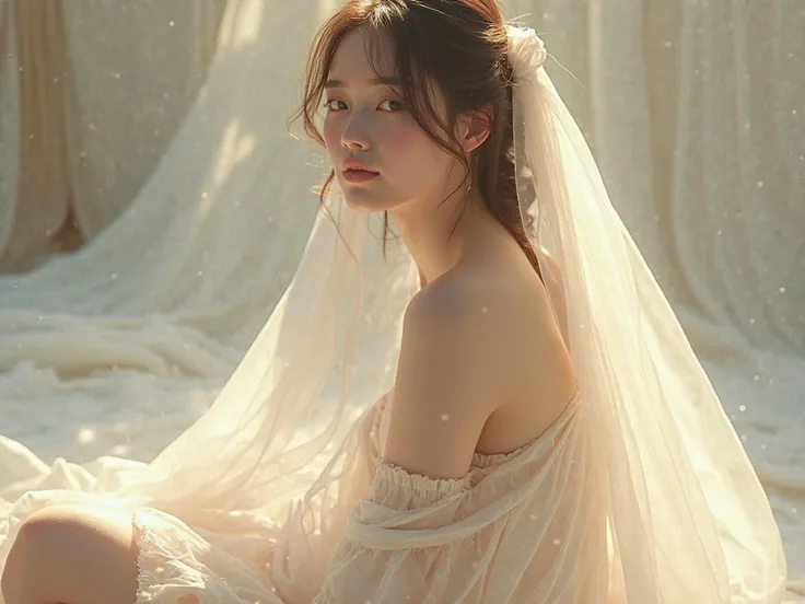 Serene woman in a white flowing gown, sitting gracefully in soft natural light, with translucent fabric adding a sense of ethereal beauty.