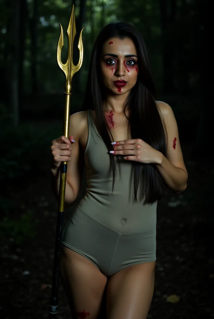 Creepy Woman holding a Gold Trident with Blood bleeding on her Fearable Face, she looks like a Indian Idol, She Wears a Sexy Tight light Grey Tank with Blood Stains and She Wears a Tight light Grey Shorts with Blood Stains in a Night time Black Forest with...