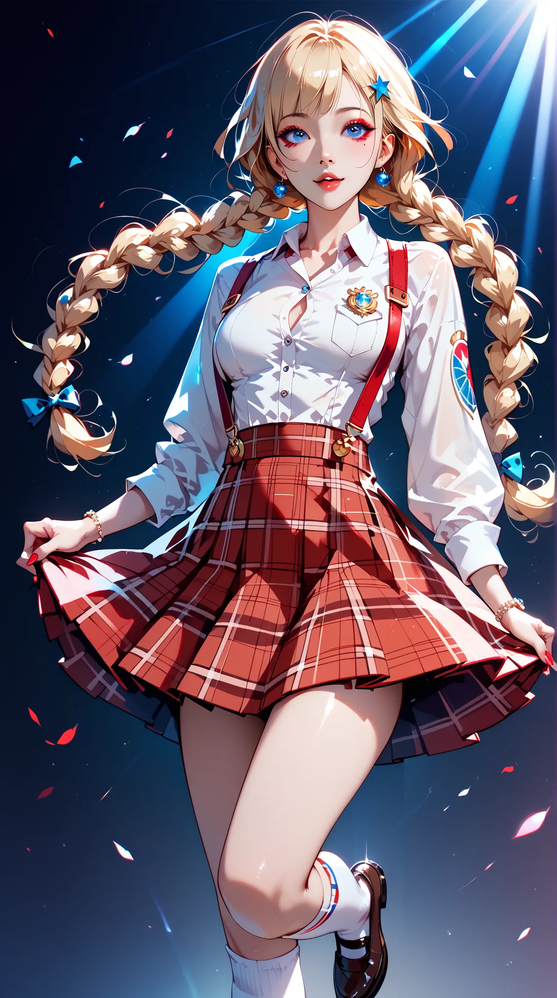 . This amazing masterpiece gets 9 points，an 18-year-old girl with blonde hair、double braids、red plaid skirt and blue eyes。The scene shows in soft colors、is characterized by high contrast and expressive lighting Color。 She was wearing a white shirt ，with wh...