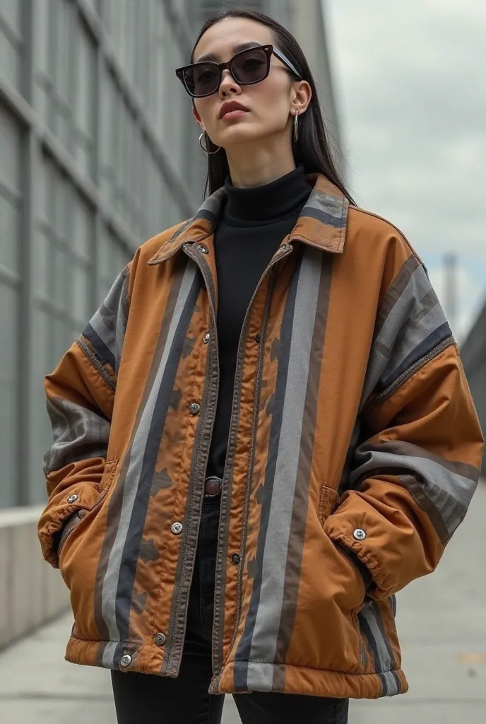 Brown grey stripe in an oversized jacket