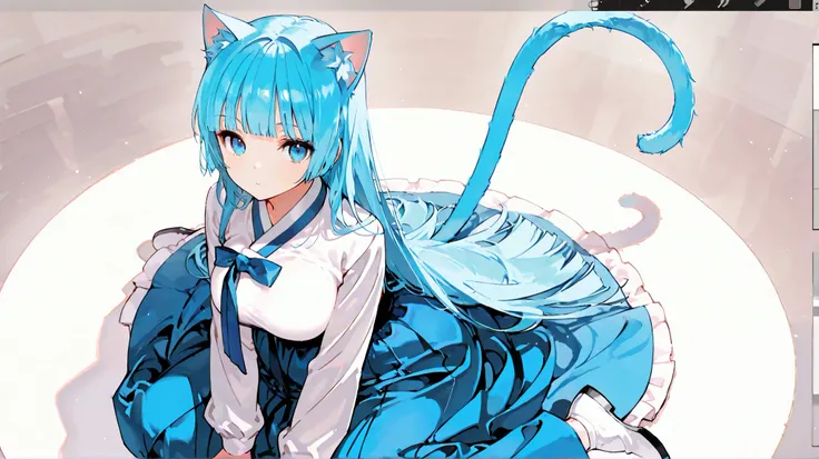 masterpiece, best quality, score_9, score_8_up, catgirl, cat ears, cat tail, (bright blue hair:1.4), (bright blue tail:1.4), blue eyes, large breasts, hanbok, expressionless face, 1girl, solo, hime cut, blunt bangs, straight hair, wariza, little high angle