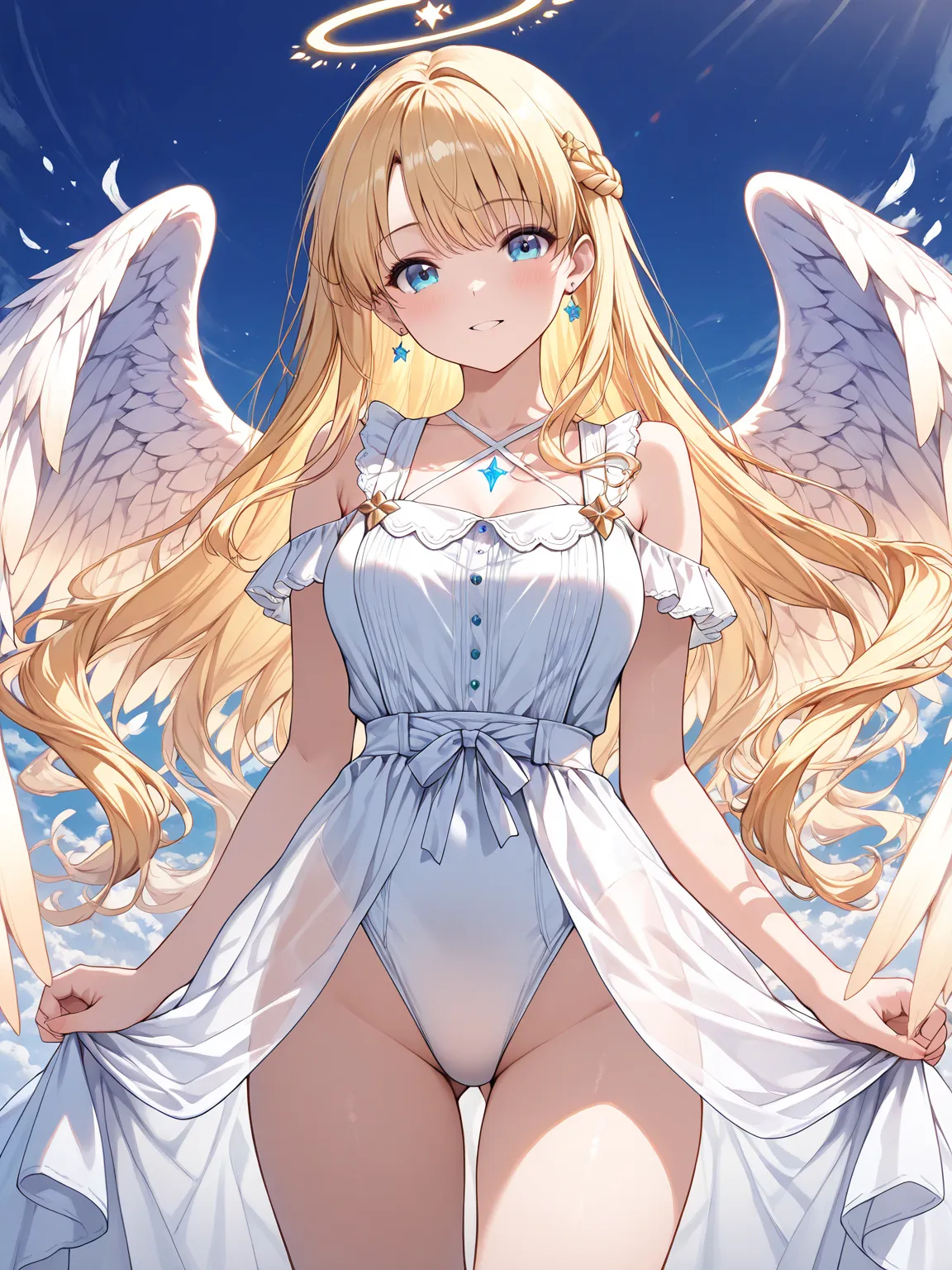 ((masterpiece, best quality, extremely detailed)), 1girl, cute angel girl with long, flowing hair, wearing a leotard underneath a delicate, ethereal dress. The dress is semi-transparent, fading from the edges of the skirt in a soft, graceful manner. Her an...