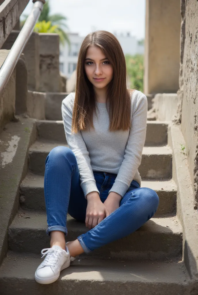 woman sitting on a staircase. Has a thin sweater on. Eine Jeans und Turnschuhe Stil Fotorealistisch,  sharp focus, very detailed, sunlight, Detail , Fotoreal,  full body