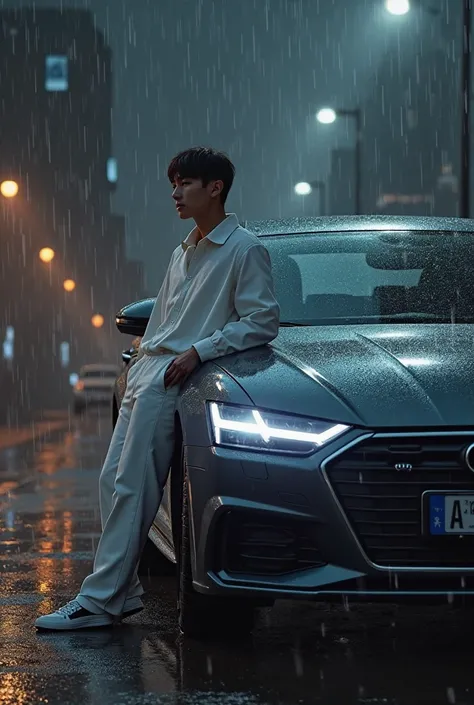 The young man in white is leaning on the front of the Audi A7，The body is dark grey，scene night rainy night，The state where the headlights are on