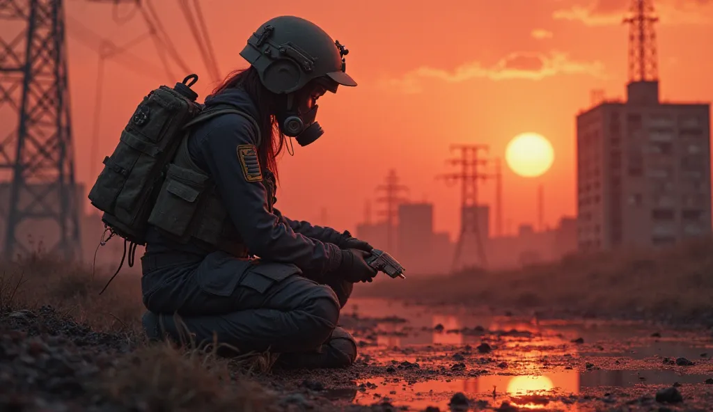 A militarized girl in black military clothes wearing a bulletproof vest wearing a special forces helmet, behind his back, holds an electric detector in his hands.  The girl is wearing a gas mask , , the girl leans one knee and brings the electricity detect...