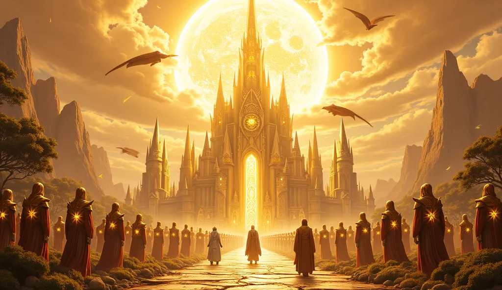 "Generate a sprawling high-fantasy city bathed in eternal golden sunlight, inspired by celestial theocracies and solar grandeur. The scene centers on Dawnfall, City of the Eternal Sunrise, with these key elements: Architecture: Towering golden spires and d...