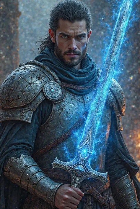 engravings. The cover captures an epic scene, where Raydar stands at the front of the picture, holding a legendary sword that glows with blue and black fire, giving a sense of power and mystery. His looks are sharp and full of determination, while the ligh...