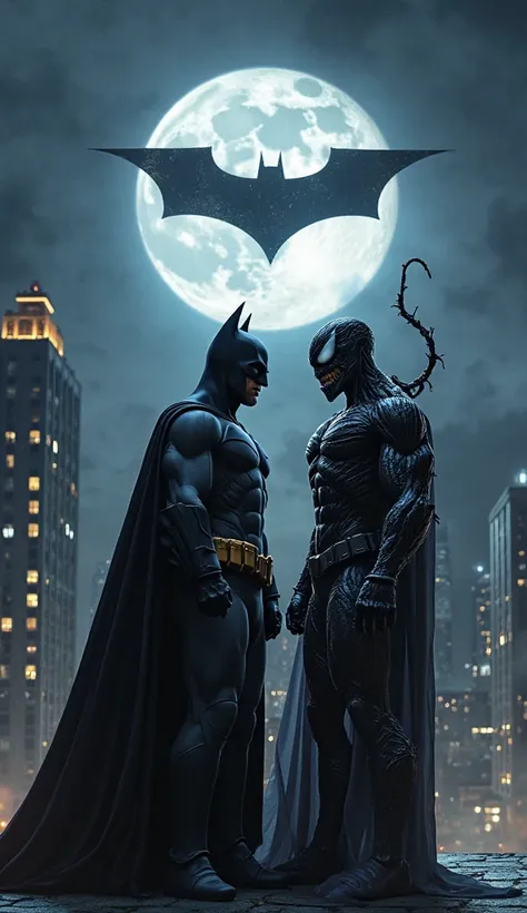 Batman and Venom Symbiote in the background are huge buildings, and on the roof, spotlights shine the Batman symbol up into the night sky with a huge full moon. .