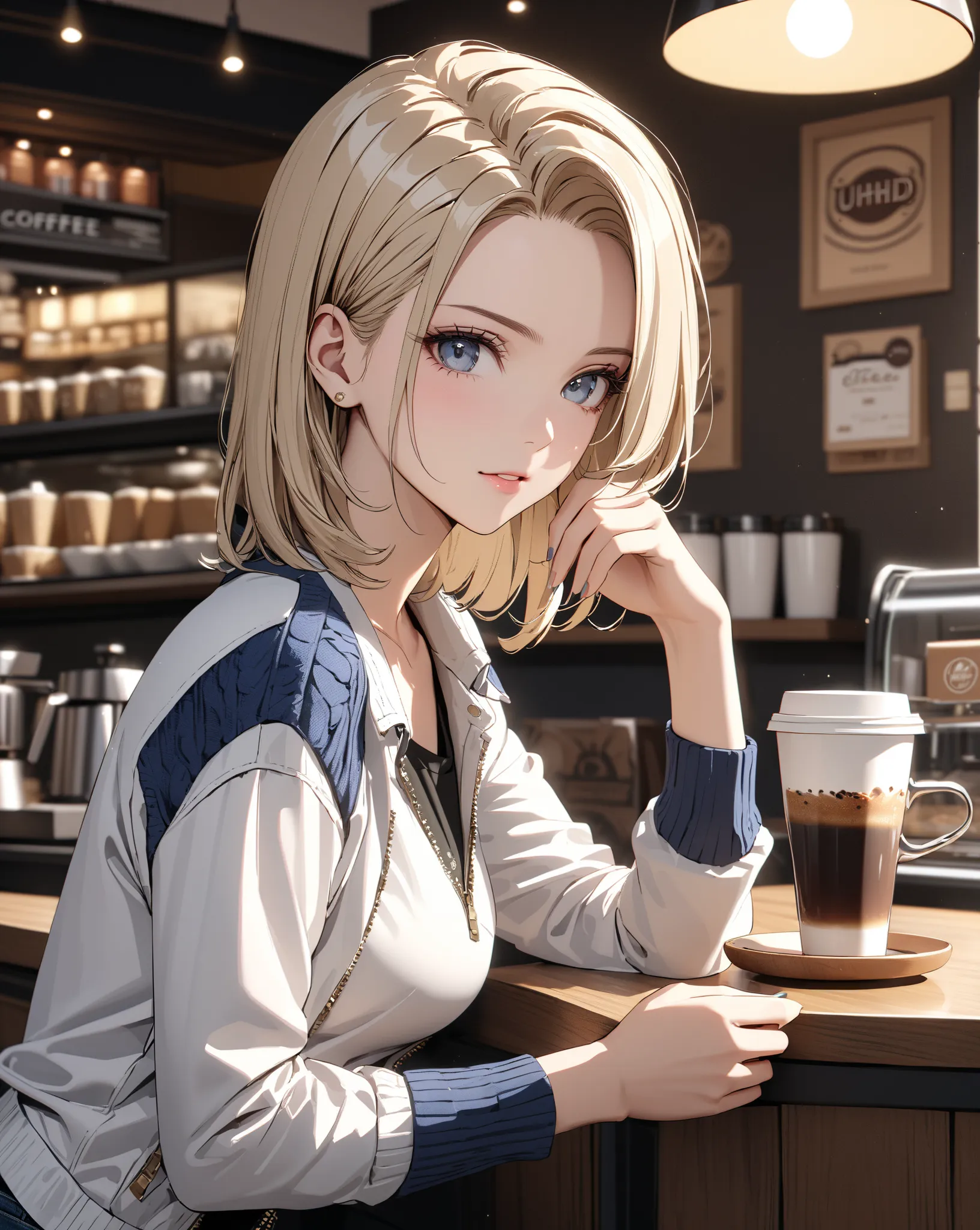  coffee shop, Black tea, Waiting for someone, (Android 18), masterpiece, highest quality, UHD, retina, masterpiece, accurate anatomy, super detailed, high quality, best quality, 8k