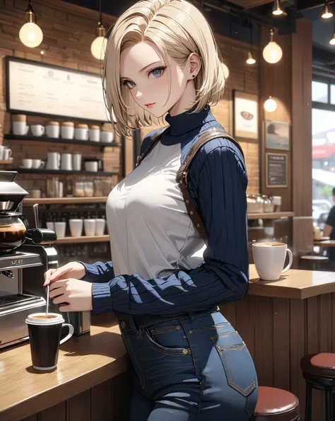  coffee shop, Black tea, Waiting for someone, (Android 18), masterpiece, highest quality, UHD, retina, masterpiece, accurate anatomy, super detailed, high quality, best quality, 8k