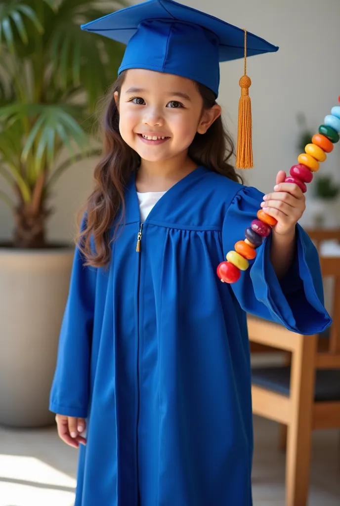 Make an original beautiful pic, a girl who has 3years old  who wore graduation day dress which is in royal blue witj cap, along her hand with abacus and other activity tool, who standing with smile looking an american cute girl,