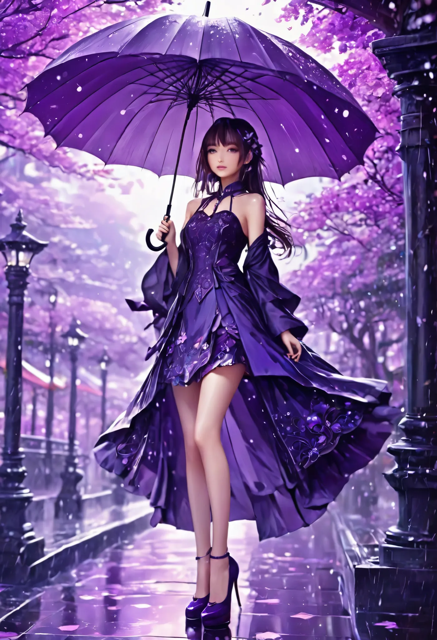 a close up of a person with a purple umbrella and high heels, beautiful fantasy anime, anime wallpaper 4k, anime wallpaper 4 k, anime art wallpaper 4k, anime art wallpaper 4 k, anime art wallpaper 8 k, anime style 4 k, beautiful alluring anime woman, intri...